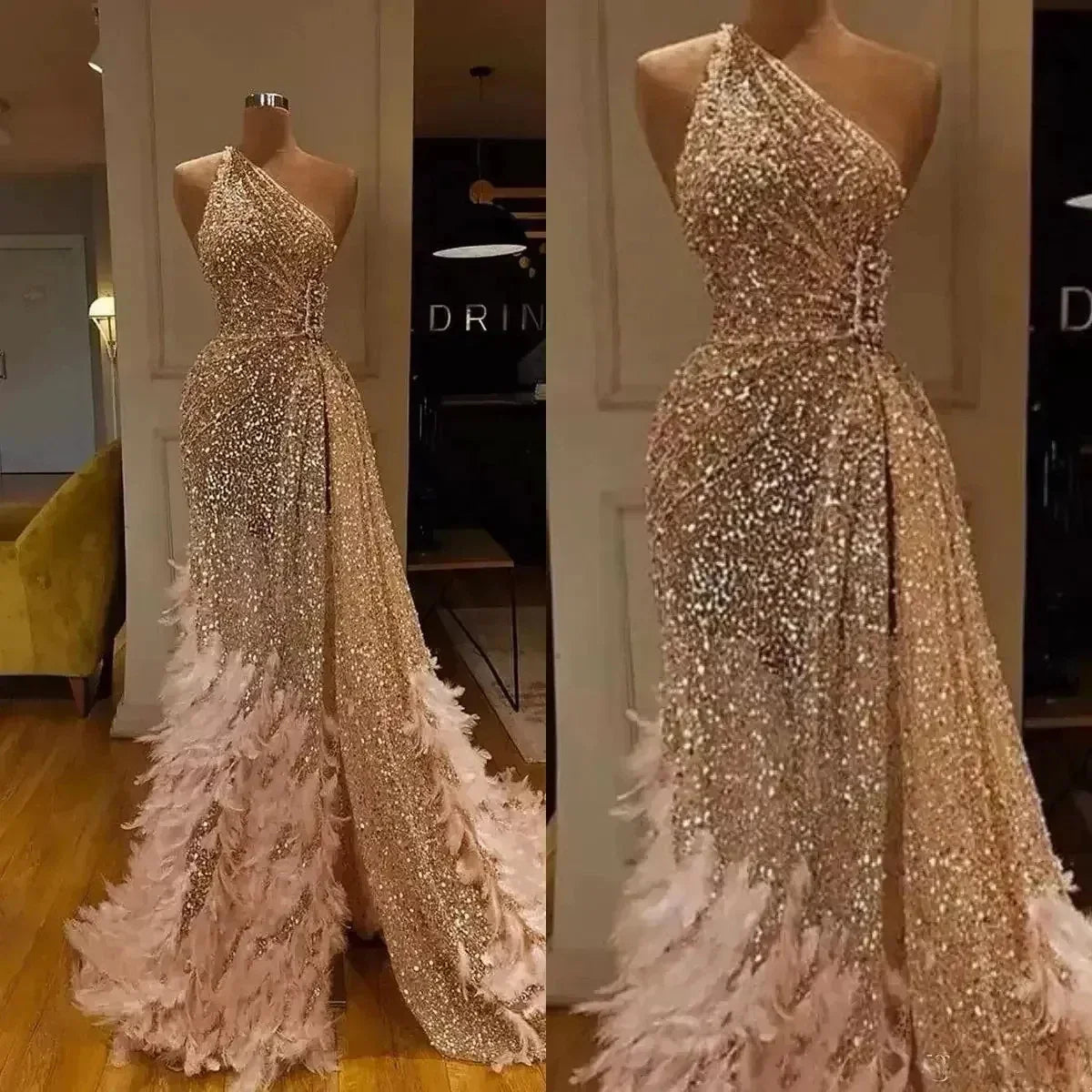 Champagne Mermaid Evening Gown with Feather Sequins Side Split Lace Ball Dress