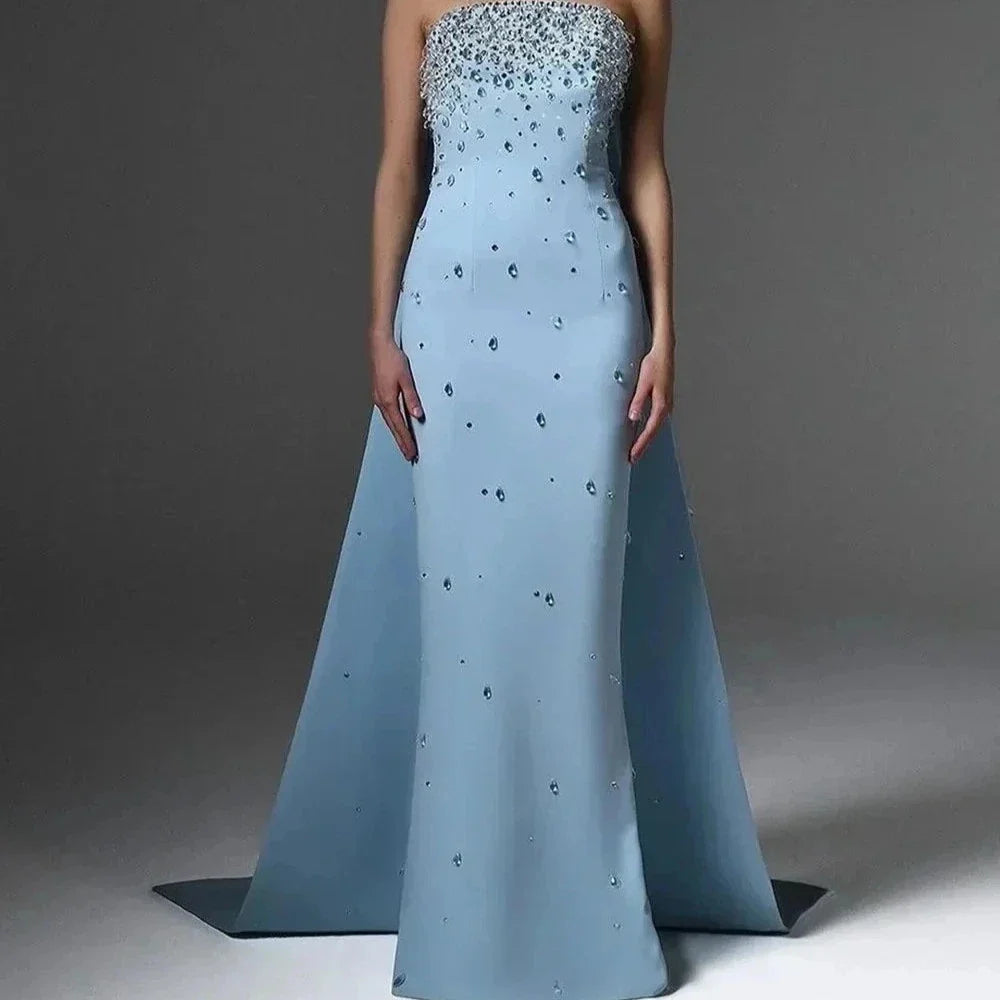 Elegant Classic Evening Dress Floor-Length Watteau Sleeveless Prom Dress Crystal
